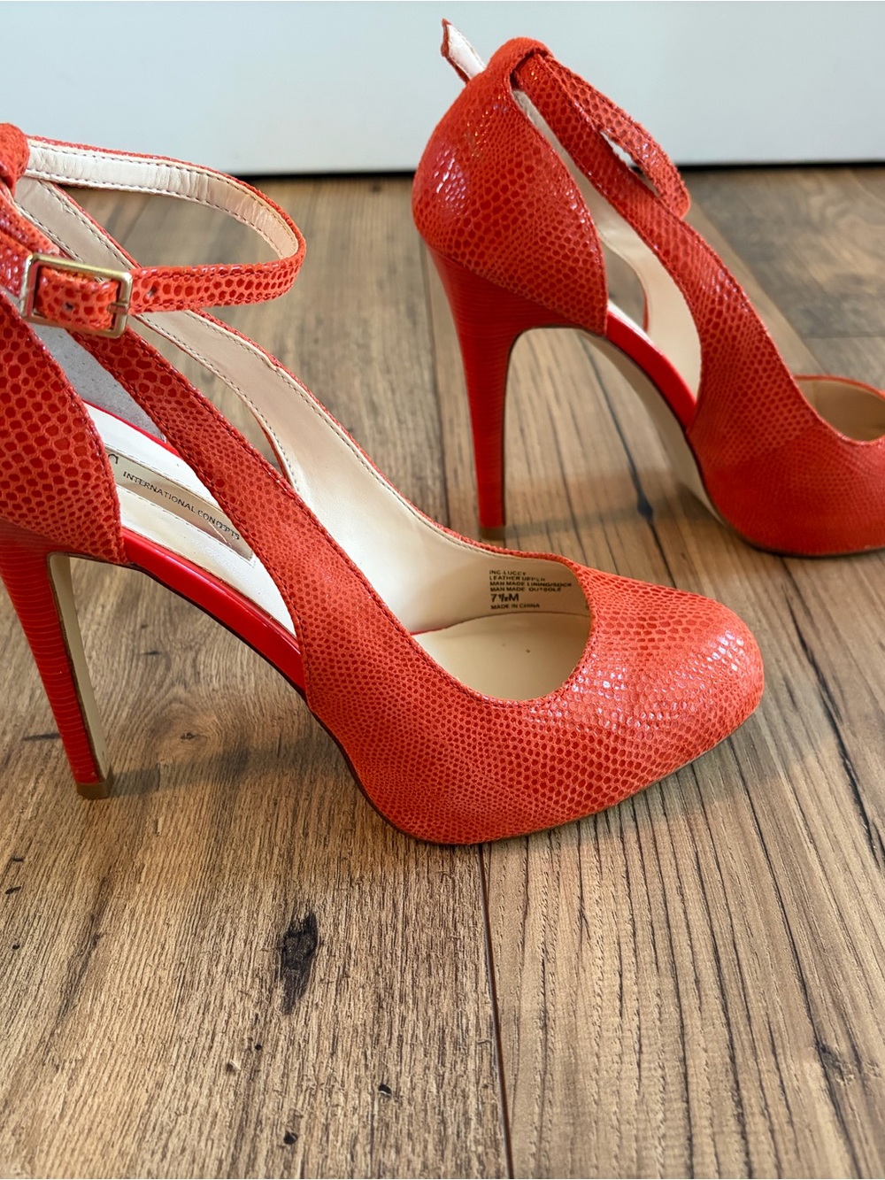 INC International Concepts Coral-Red Textured High Heel Pumps with Ankle Strap